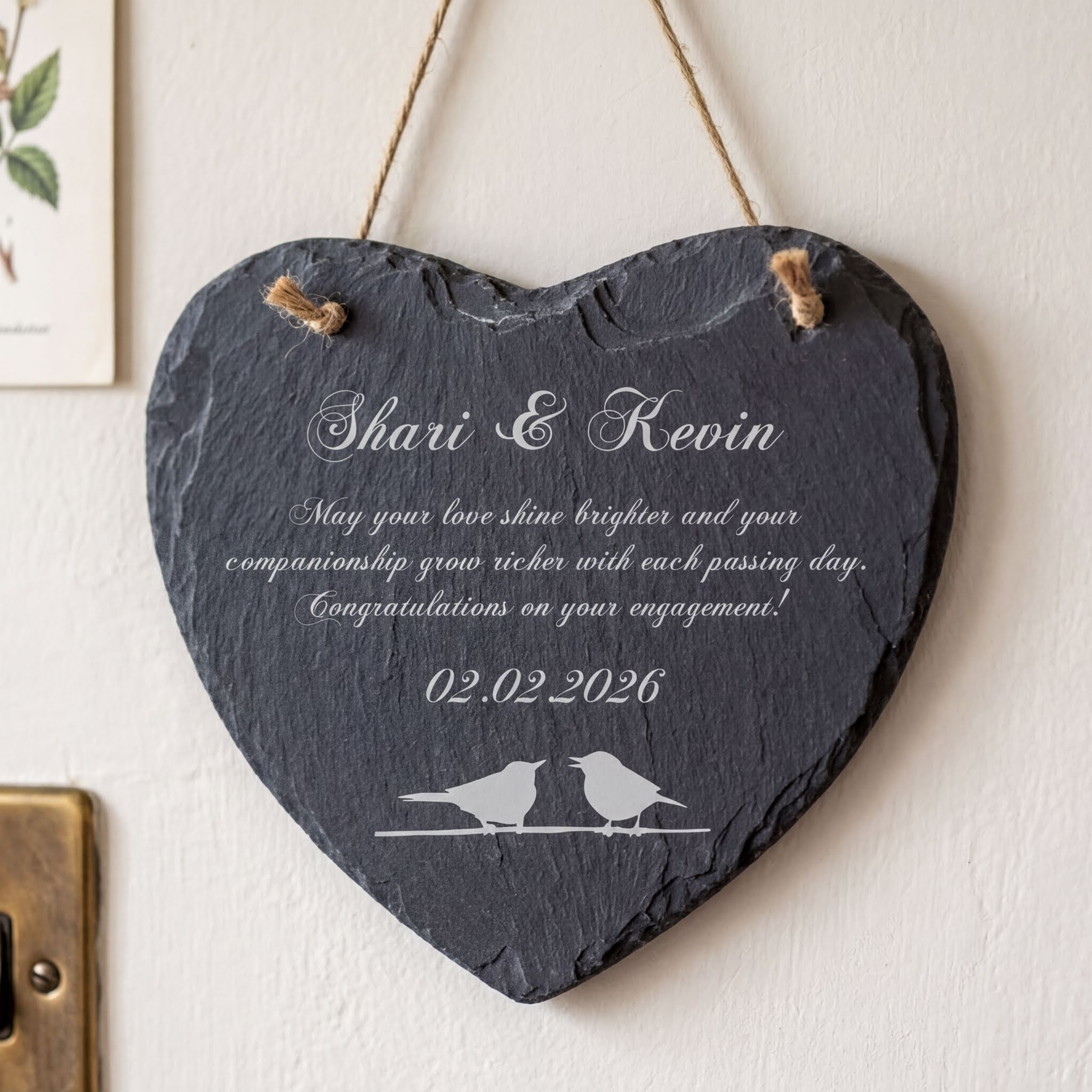 Personalised Engagement Gift - Custom Engraved Slate Plaque With Bird Symbol Personalised Heart Gifts ukgiftstoreonline