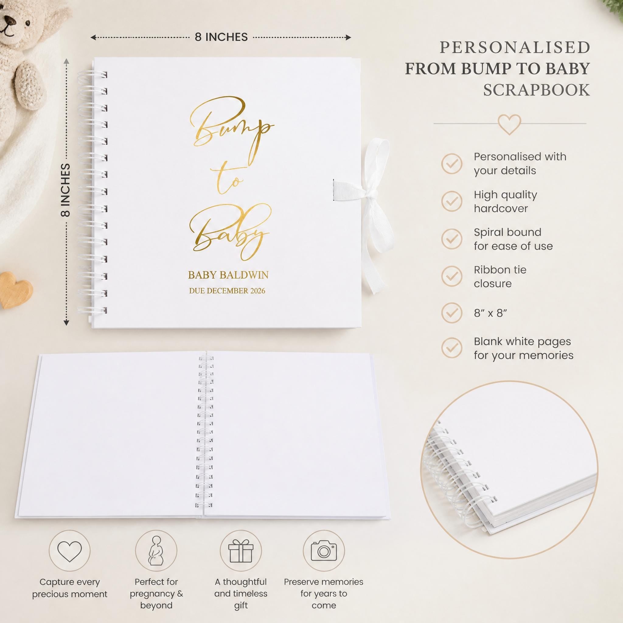 The image is a detailed description of a personalized scrapbook from bump to baby, including measurements, features, and a list of specifications.