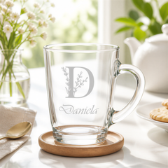 Personalised Glass Mug, Engraved Name Leaf Alphabet, 280Cc Tea Cup Personalised Birthday Gift ukgiftstoreonline