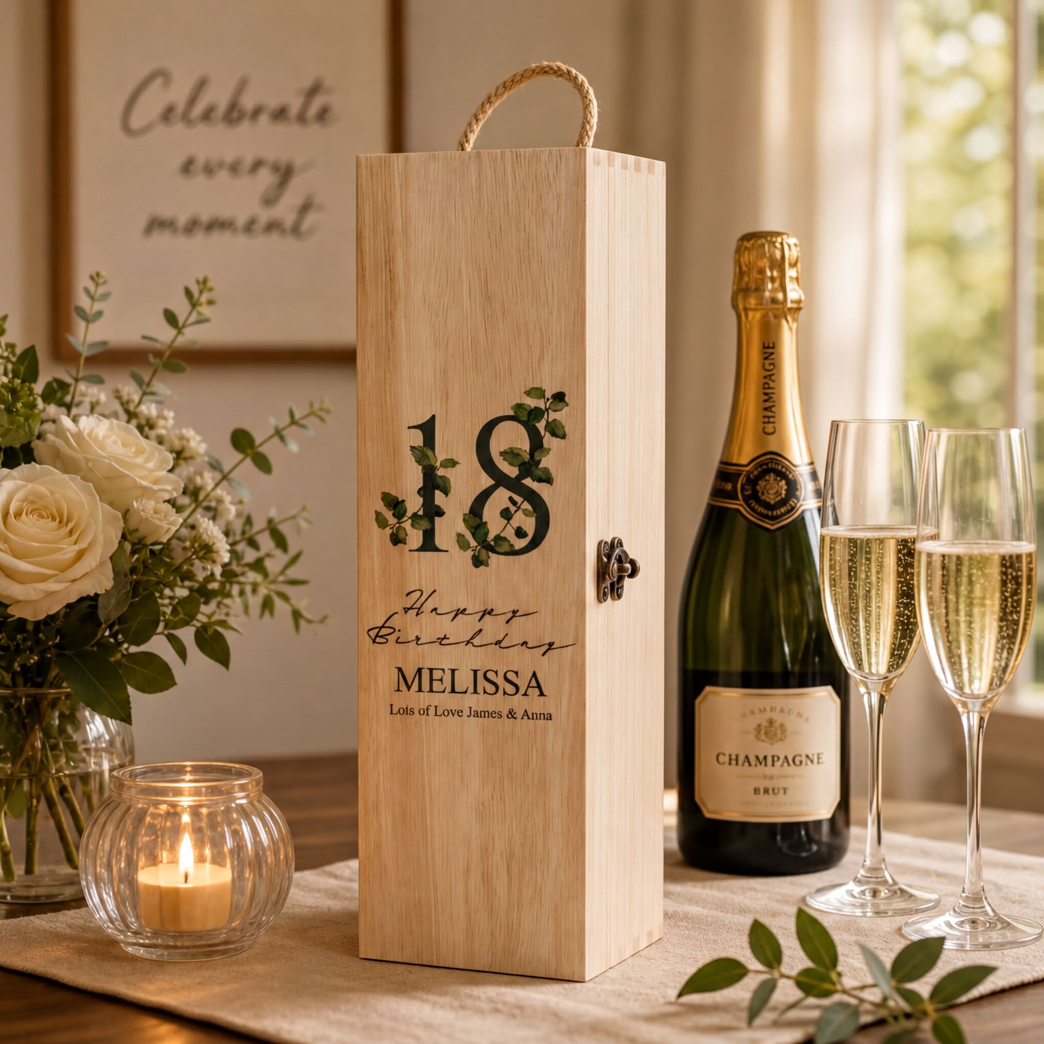 Personalised 18th Birthday Wine or Champagne Box Gift With Leaf Design WI-5 Champagne Bottle Holder ukgiftstoreonline