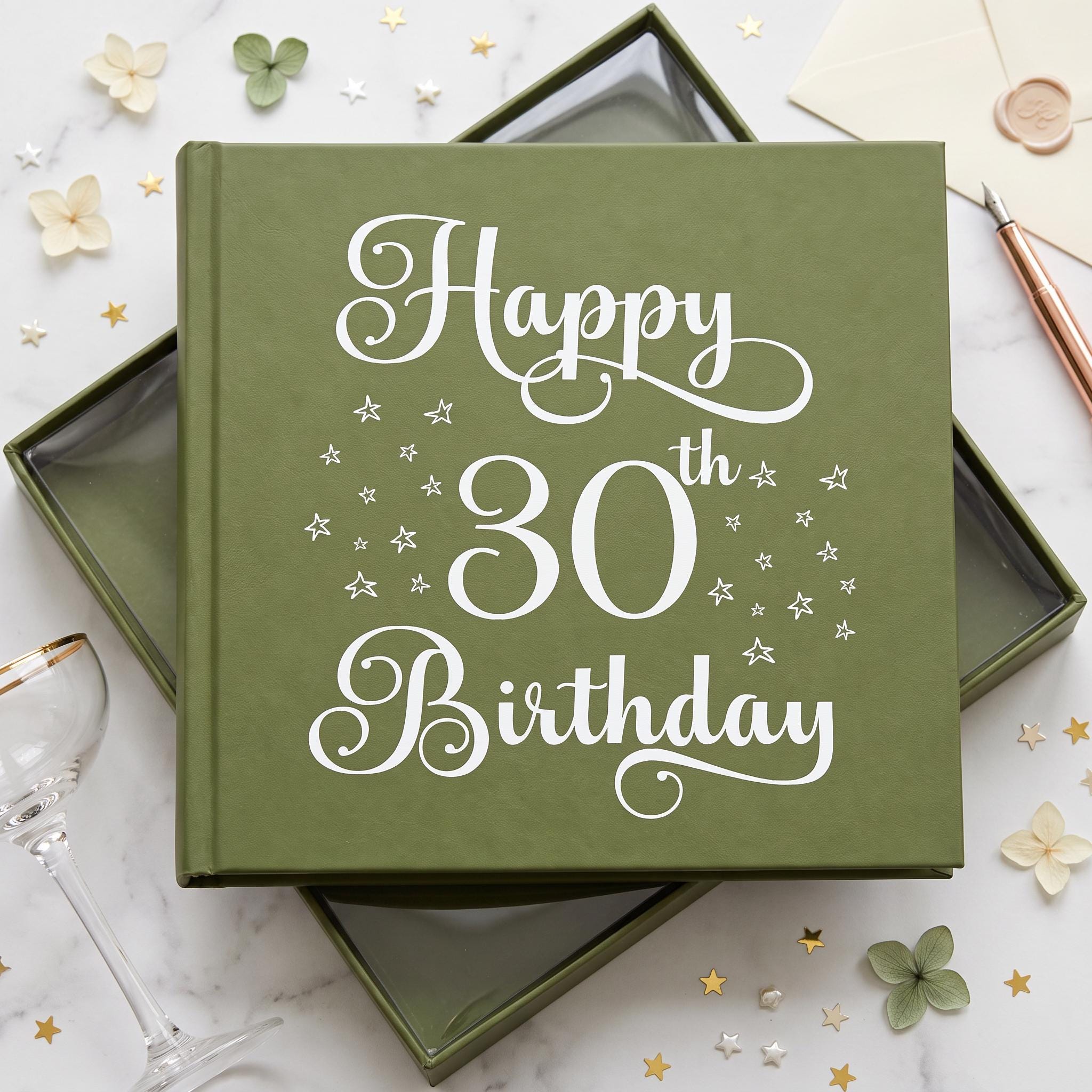 A green box with the text "Happy 30th Birthday" written on it, surrounded by decorative elements such as stars and flowers.