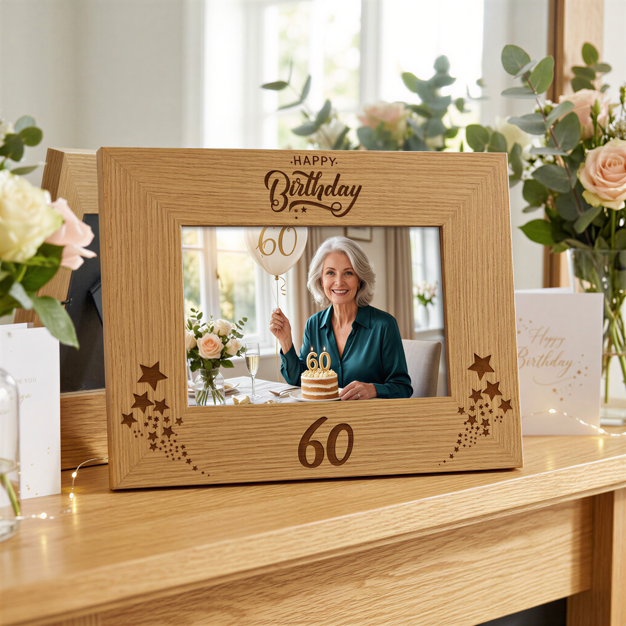 60th Birthday Photo Frame, Wooden Oak Finish Gift Display Stand Birthday Photo Frame ukgiftstoreonline
