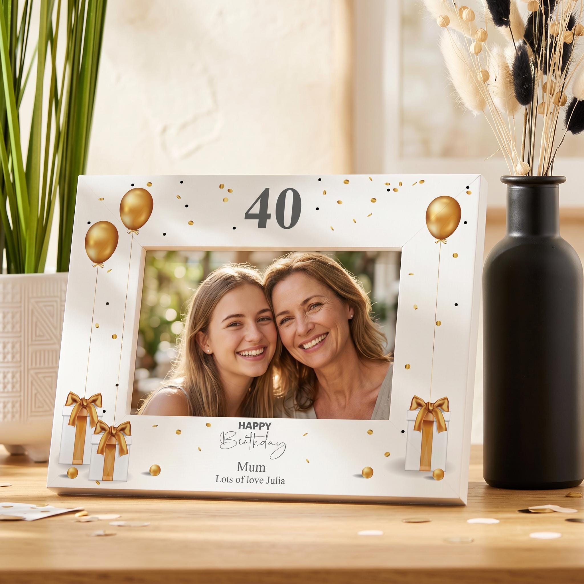 A white picture frame with a photo of two women smiling, surrounded by gold balloons and bows, and the number 40. The frame is placed on a wooden surface, with a black vase and a plant in the background.