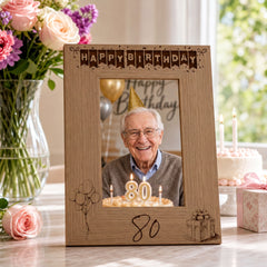 80th Birthday Photo Frame Portrait Wooden Engraved Bunting Style Gift Birthday Photo Frame ukgiftstoreonline