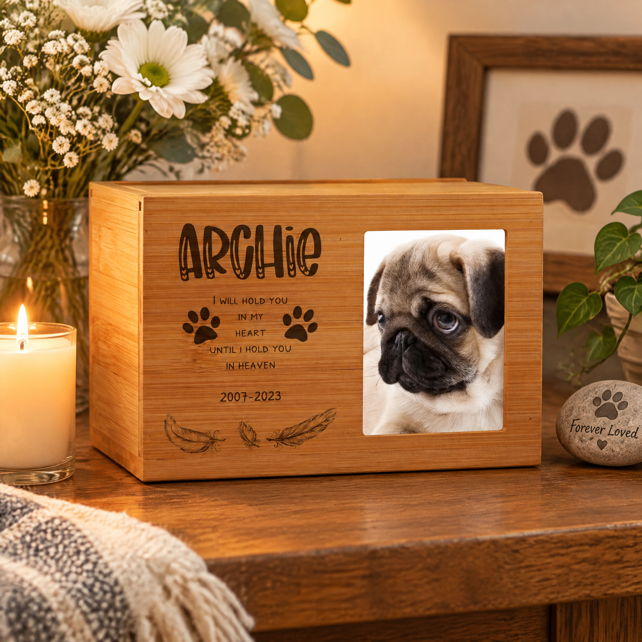 Personalised Wooden Dog Memorial Cremation Urn with Photo Heaven Quote Pet urn ukgiftstoreonline