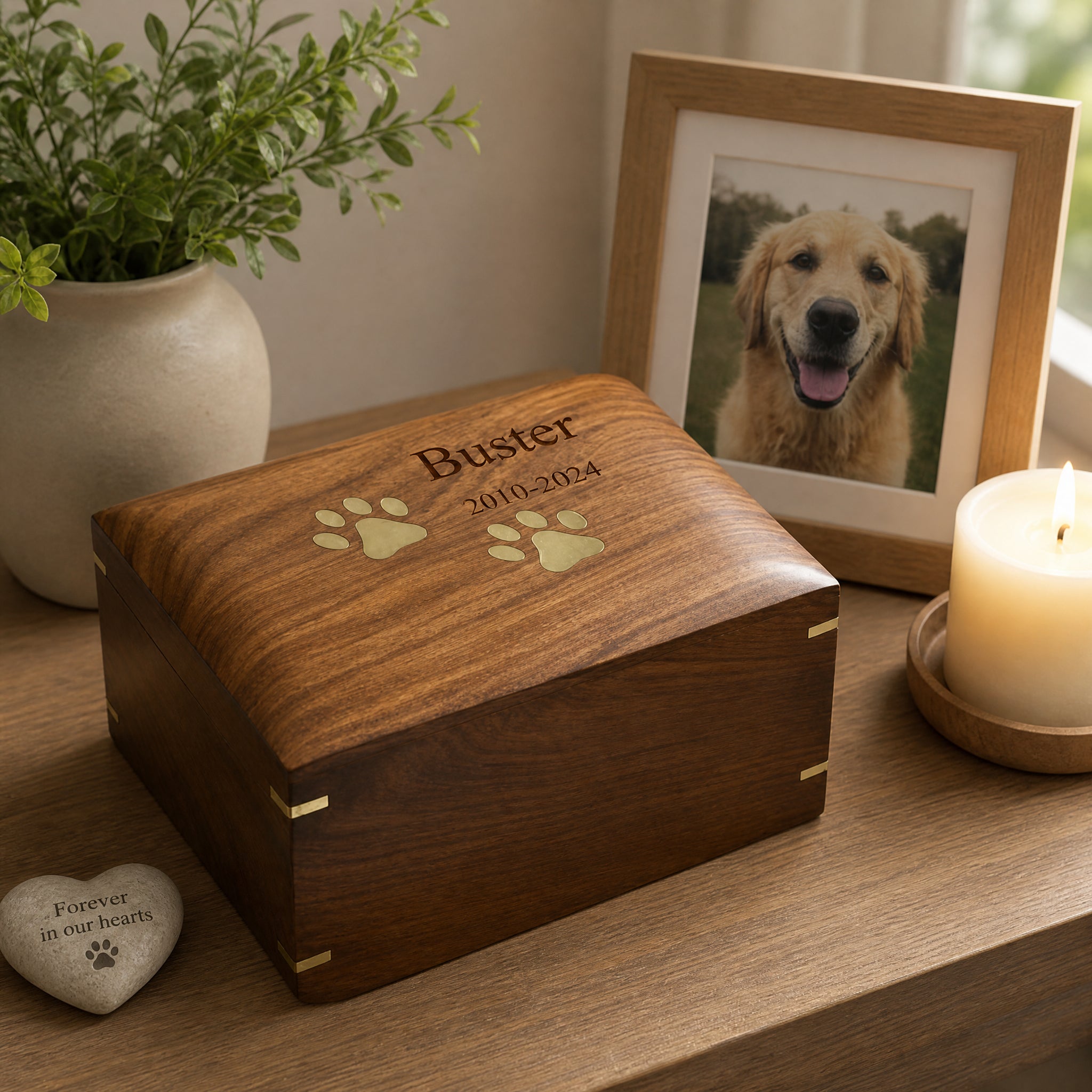 Large Personalised Handmade Wooden Pet Urn Box For Dogs With Brass Paw Inlays ukgiftstoreonline