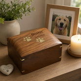 Large Personalised Handmade Wooden Pet Urn Box For Dogs With Brass Paw Inlays ukgiftstoreonline