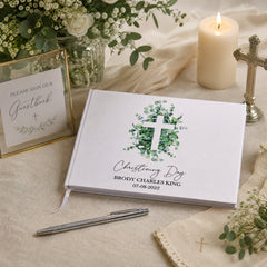 Personalised Christening Guest Book Eucalyptus and Cross Guest Book ukgiftstoreonline