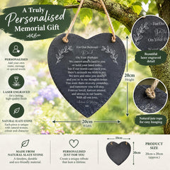 The image is a detailed description of a personalized memorial gift, including its features, dimensions, and materials.