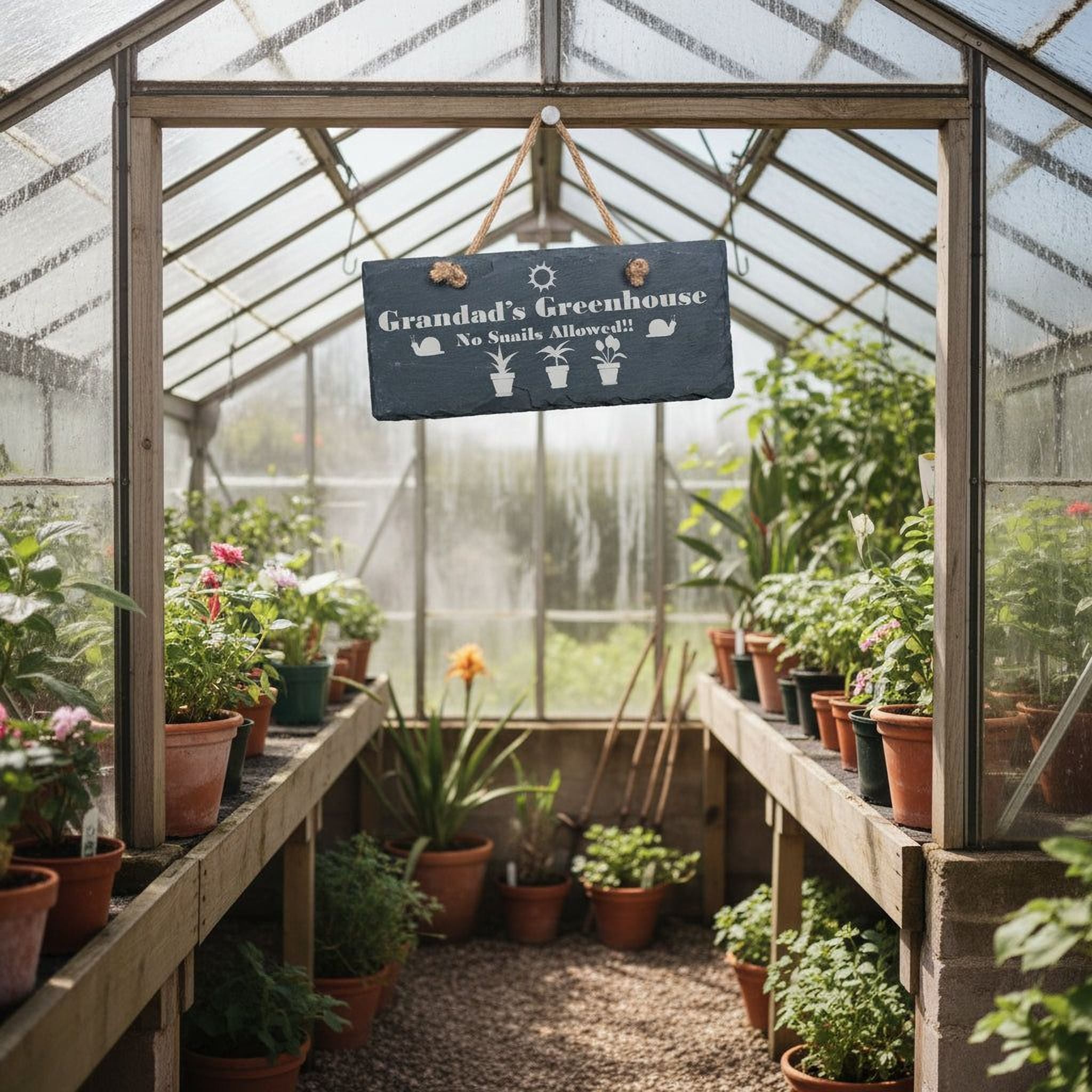Grandad's Greenhouse Slate Garden Plaque - No Snails Personalised Slate Marker ukgiftstoreonline