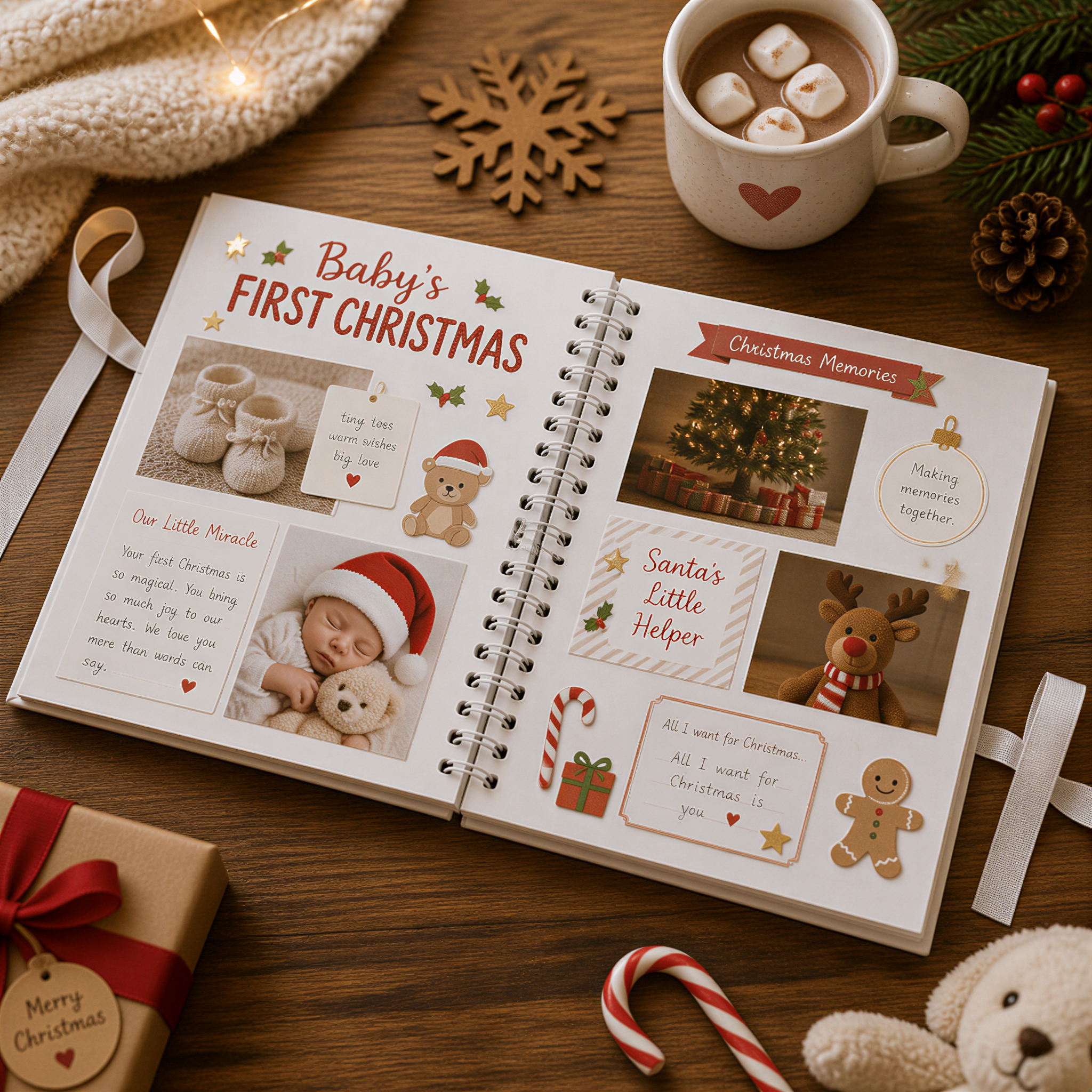 My First Christmas White Scrapbook Photo Album Keepsake Gold Print personalised photo album ukgiftstoreonline
