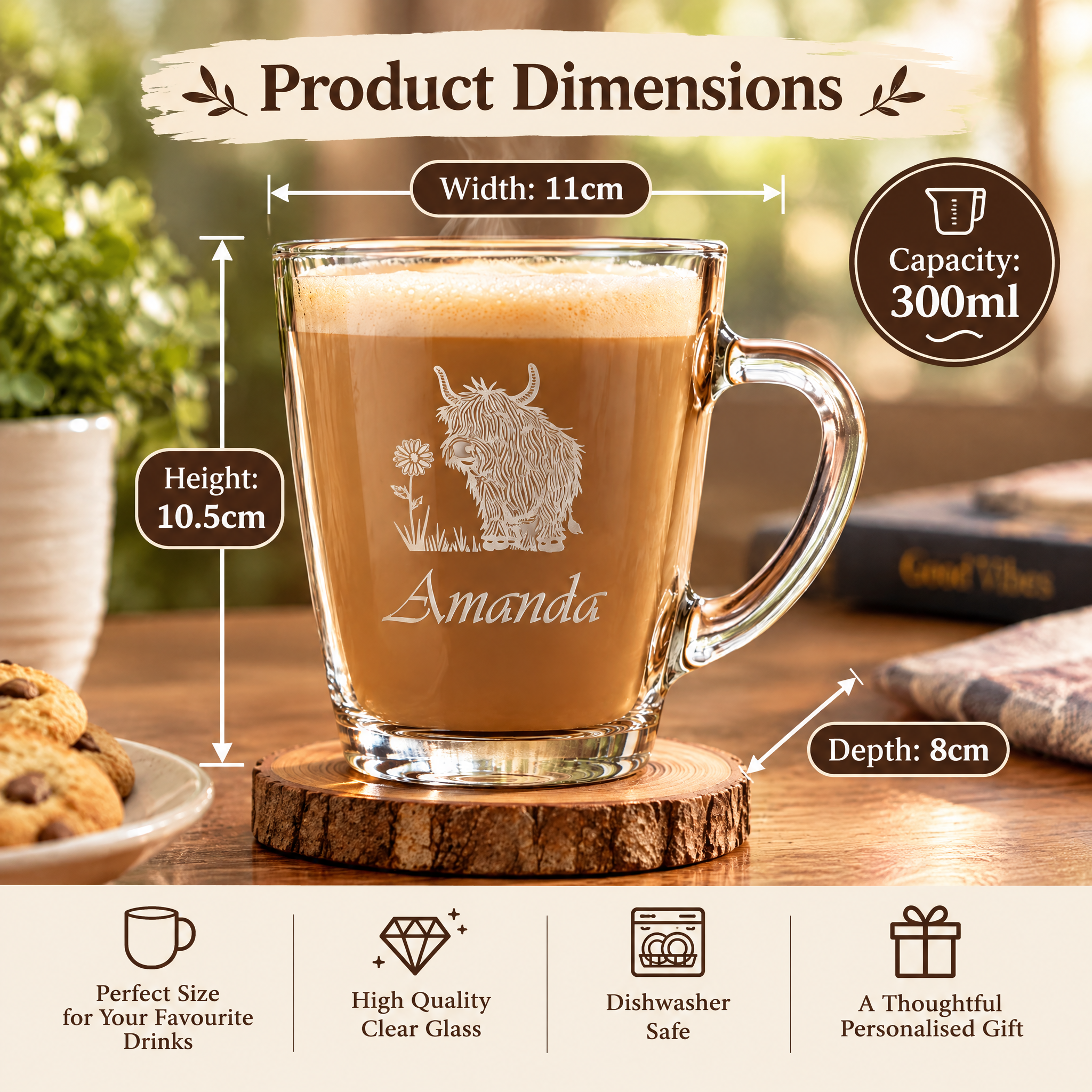 Personalised Engraved Glass Coffee Cup, Tea Cup, Any Name and Highland Cow Personalised Birthday Gift ukgiftstoreonline