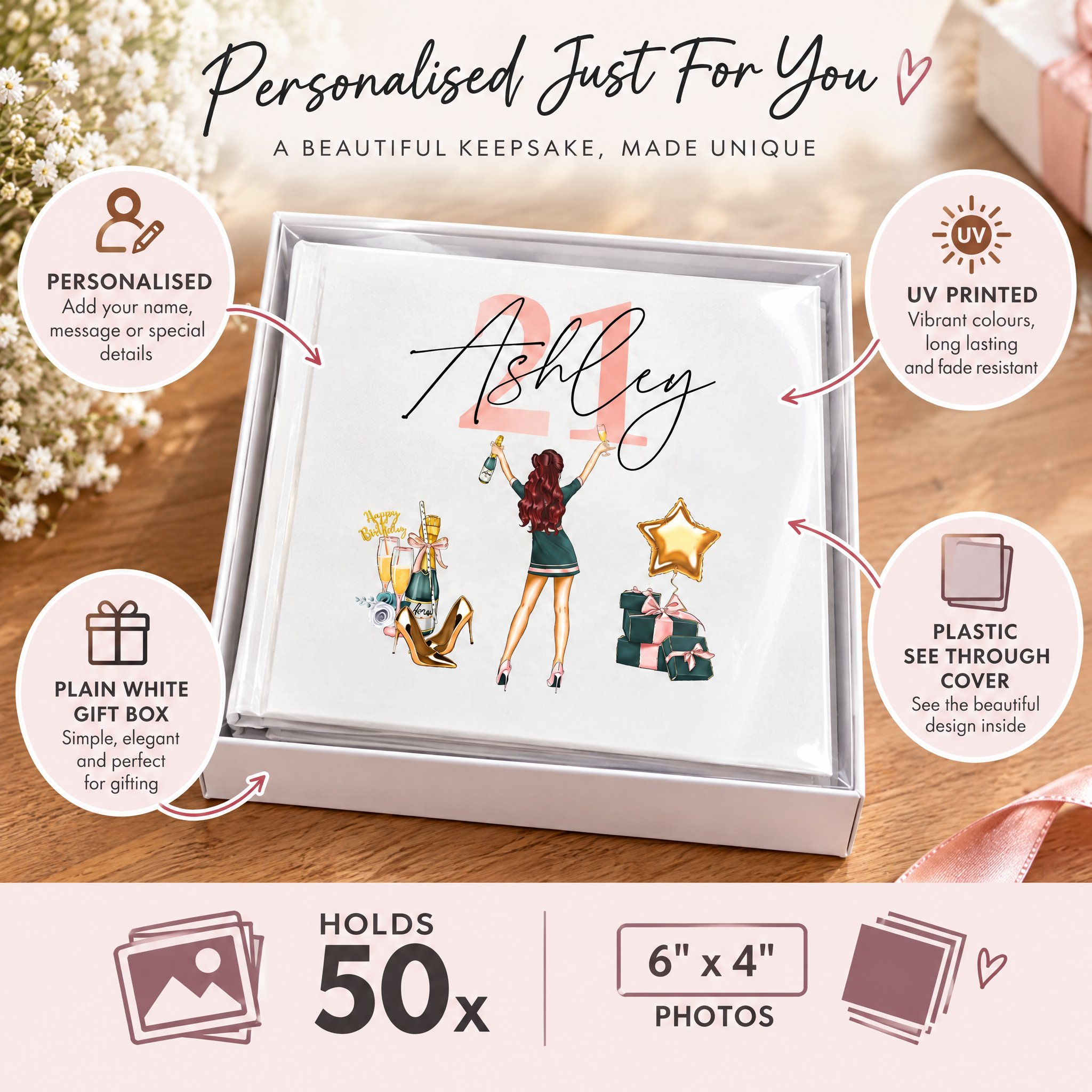 Personalised Birthday Photo Album, Any Age Female Character Birthday Photo Album ukgiftstoreonline