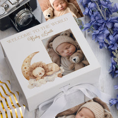 Personalised White Baby Memory Box, Cute Sleeping Animal Design, Keepsake For Special and Favourite Mementos