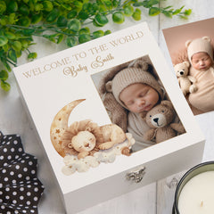 Personalised White Baby Memory Box, Cute Sleeping Animal Design, Keepsake For Special and Favourite Mementos
