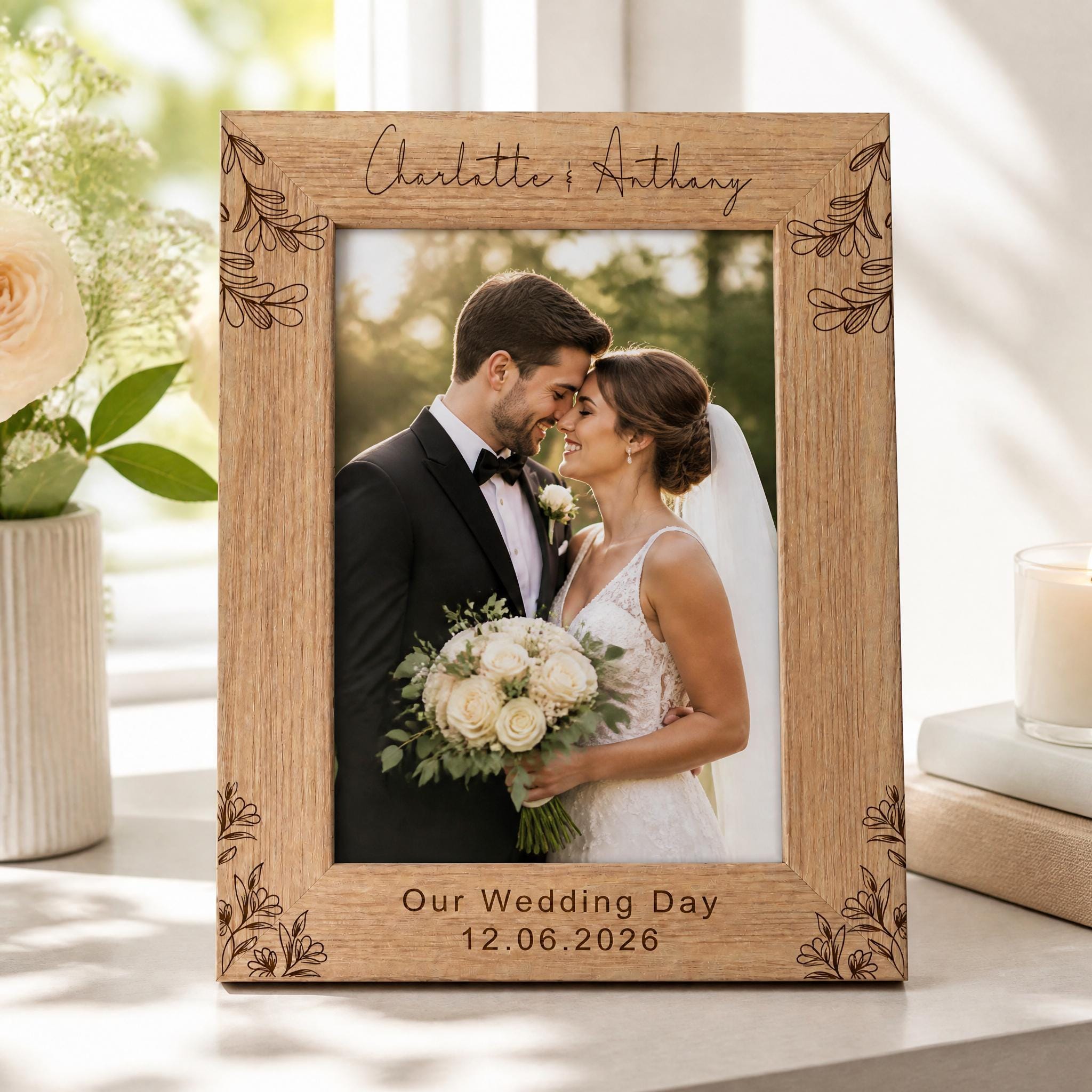 A wooden picture frame with a bride and groom in the center, holding a bouquet of flowers, and the text "Our Wedding Day 12.06.2026" engraved on it.