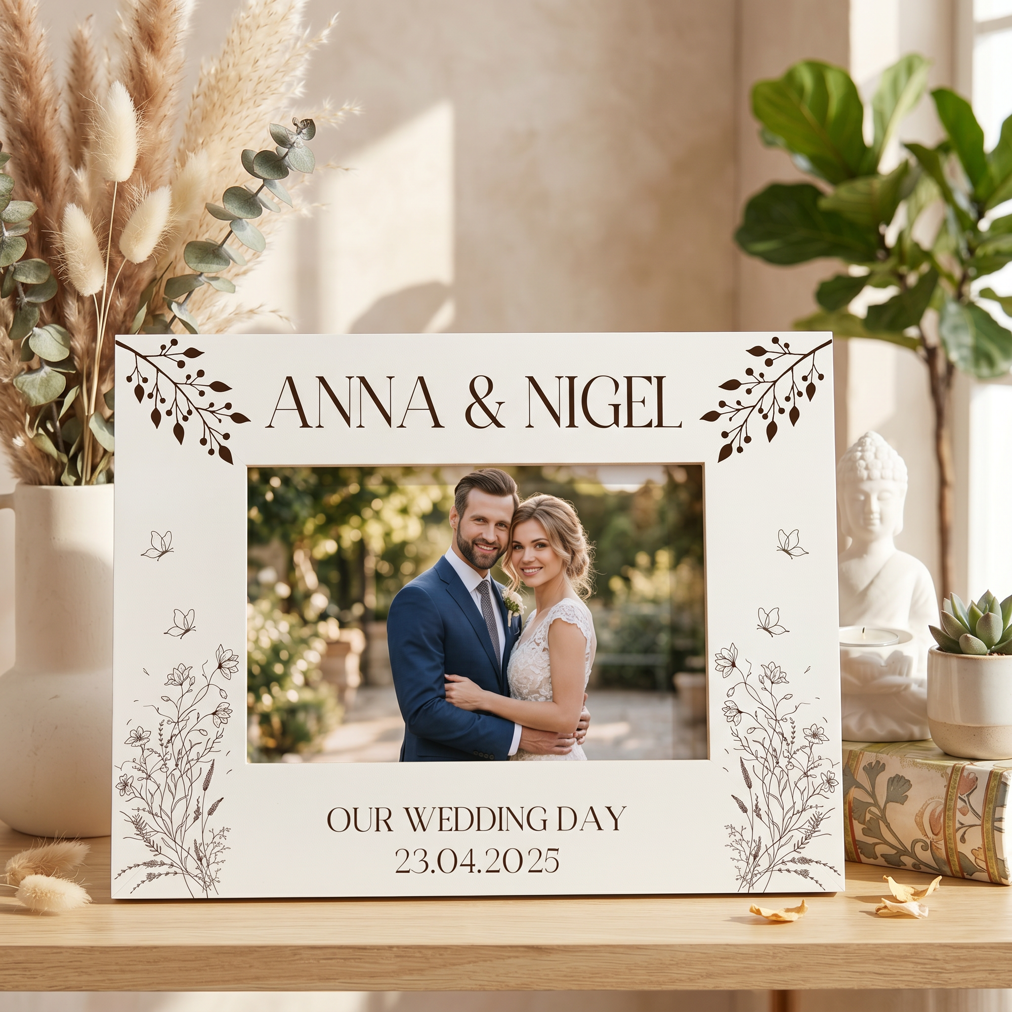 A white picture frame with a photo of a couple, surrounded by decorative elements such as a potted plant, a statue, and a vase. The frame has the text "ANNA & NIGEL" and "OUR WEDDING DAY 23.04.2025" printed on it.