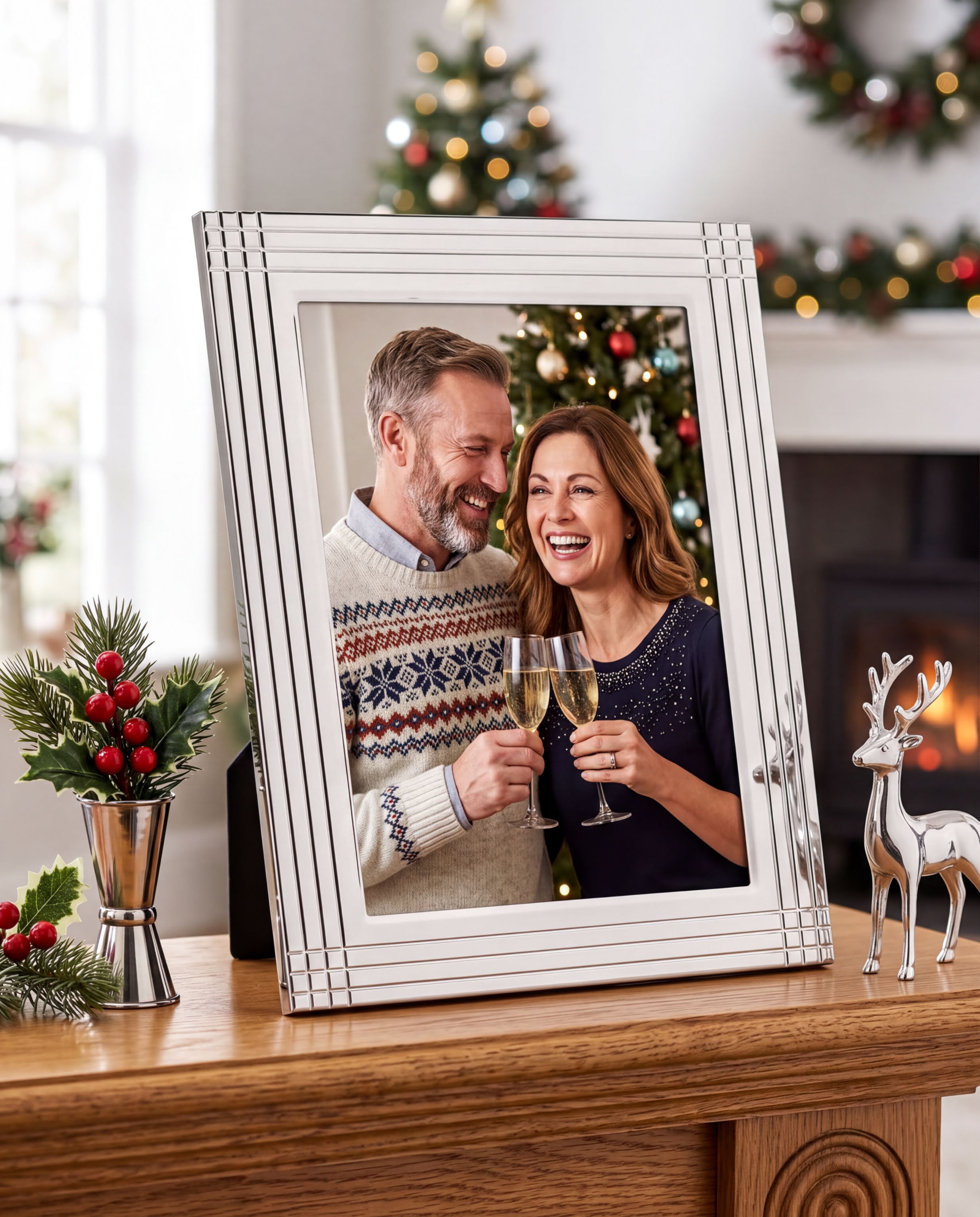 A man and a woman are standing close together, smiling and holding champagne flutes, in a festive setting with a Christmas tree and decorations.