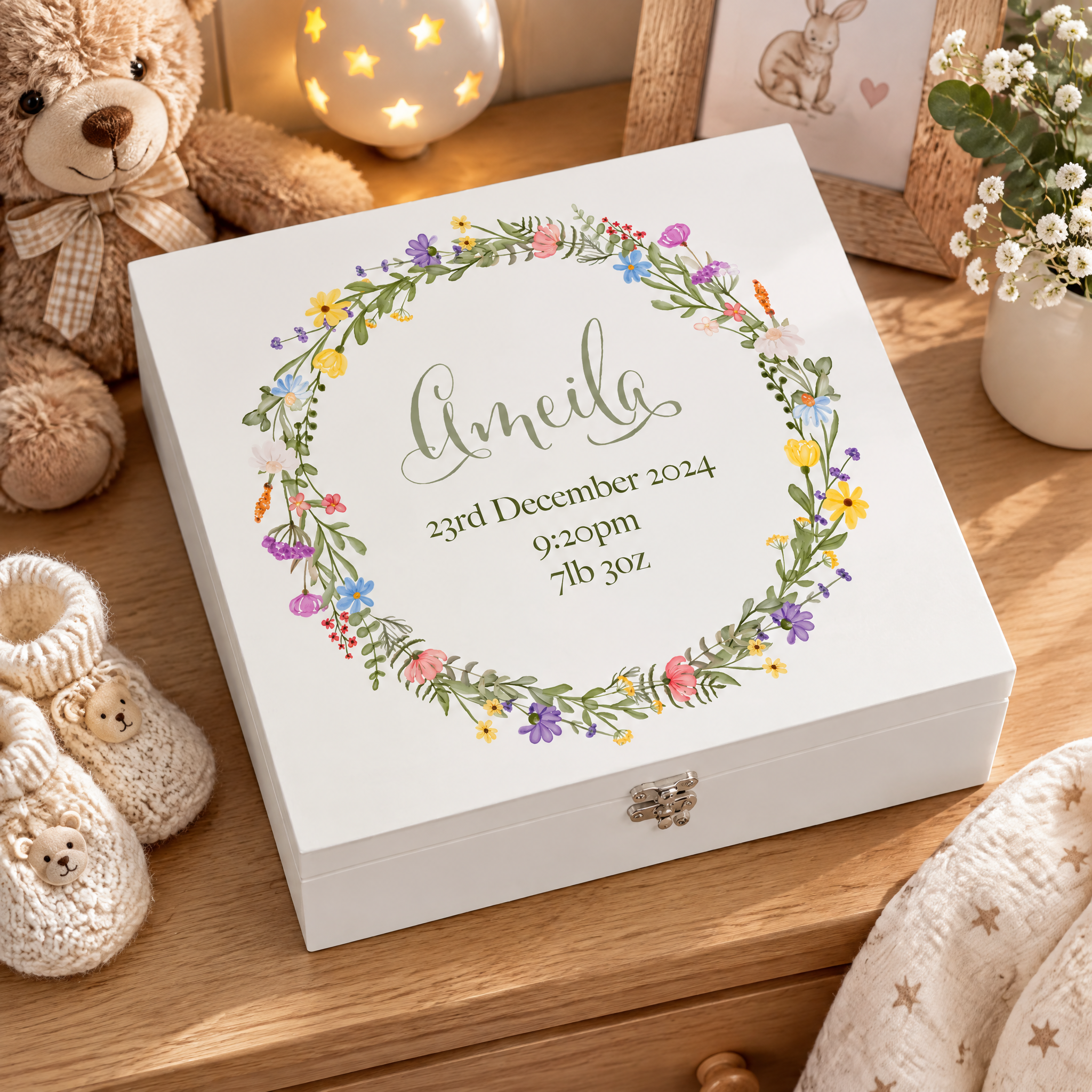 Personalised Baby Girl Memory Keepsake Box with Wildflower Wreath New Parents ukgiftstoreonline