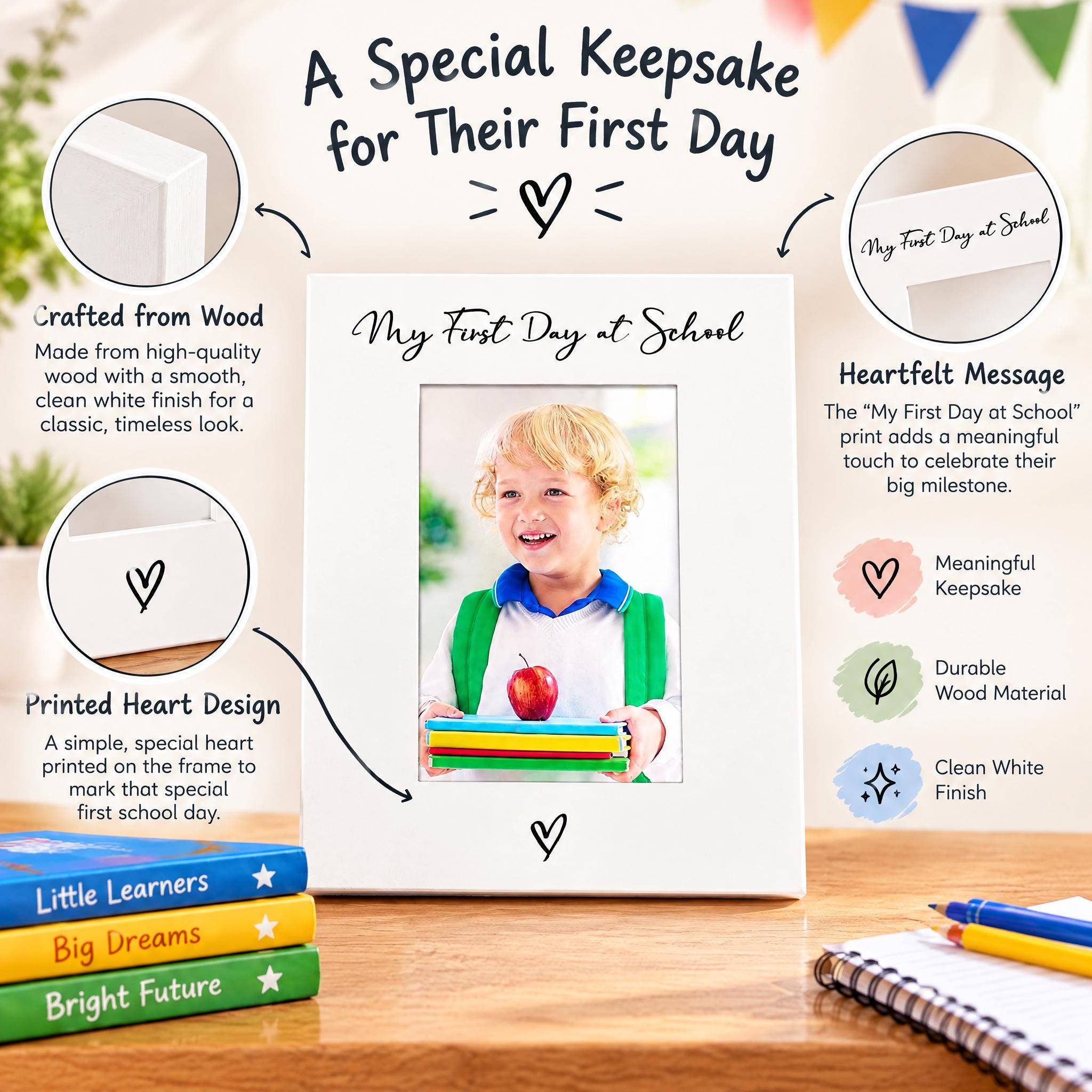 A special keepsake for their first day, featuring a framed photo of a smiling young boy holding a red apple, with text describing the photo, frame, and message.