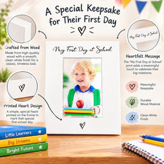 A special keepsake for their first day, featuring a framed photo of a smiling young boy holding a red apple, with text describing the photo, frame, and message.