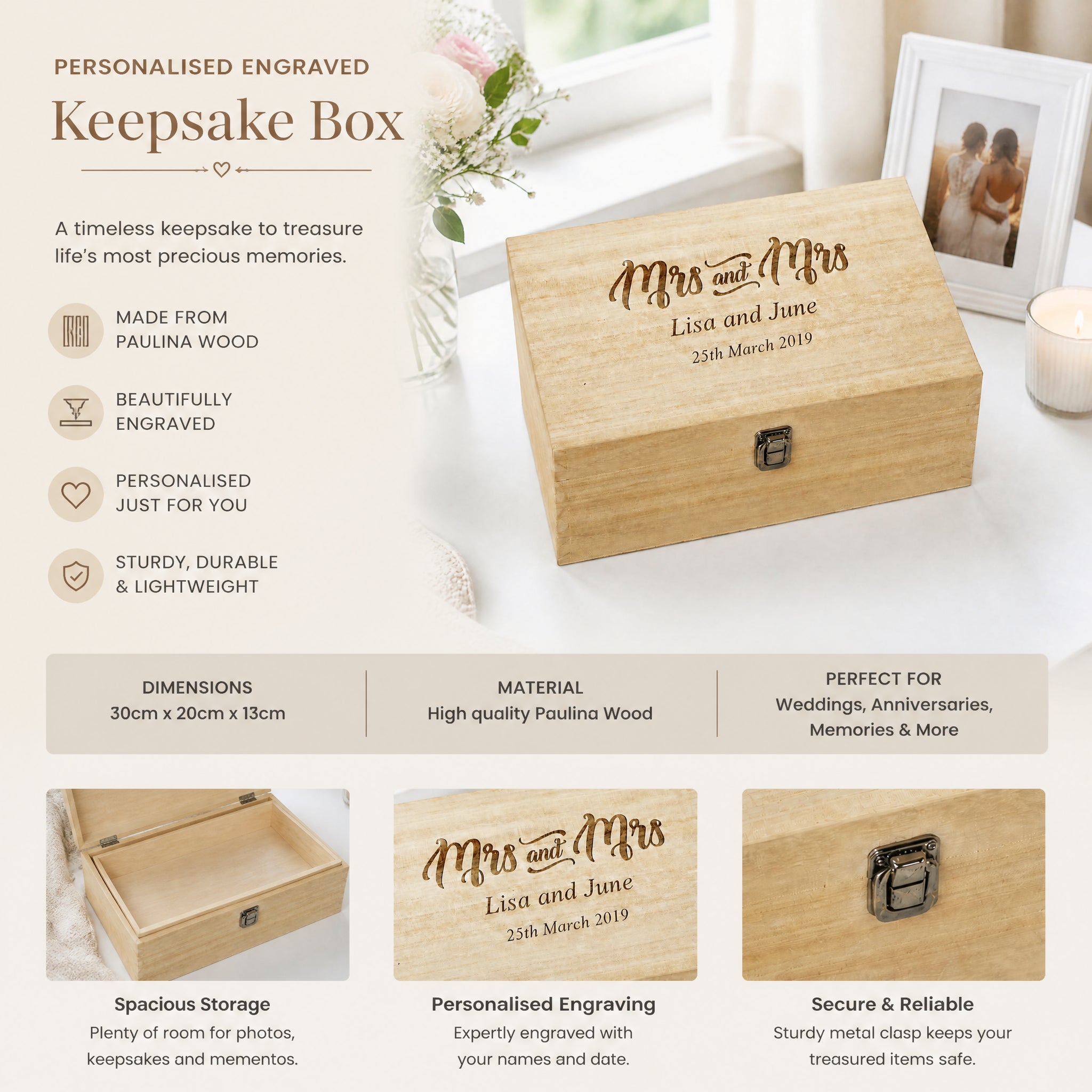 Personalised Wedding Gift | Mrs & Mrs Wooden Keepsake Box Engraved Keepsake Memory Box Raised Words