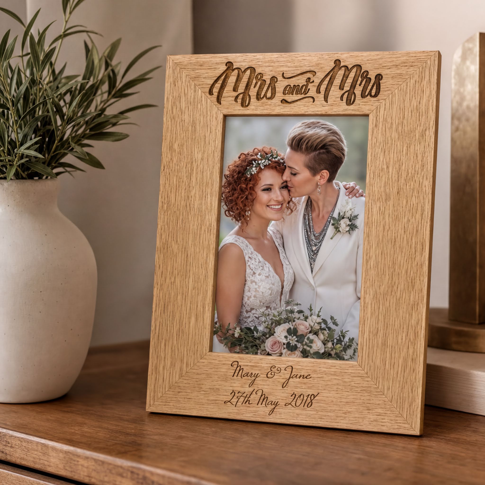 Engraved Wooden Photo Frame – Personalised Mrs and Mrs Wedding Gift Oak Finish wedding photo frame ukgiftstoreonline