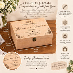 The image is a detailed description of a personalized keepsake box, featuring text and dimensions. It highlights the box's purpose as a keepsake to preserve memories, and includes a list of features such as a secure latch, a lock, and a natural wood craftsmanship. The image also includes a close-up of the box, showcasing its design and craftsmanship.