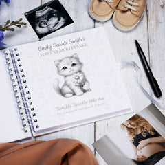 Personalised Baby's First Year Keepsake Journal Milestones and Memories With Cute Kitty