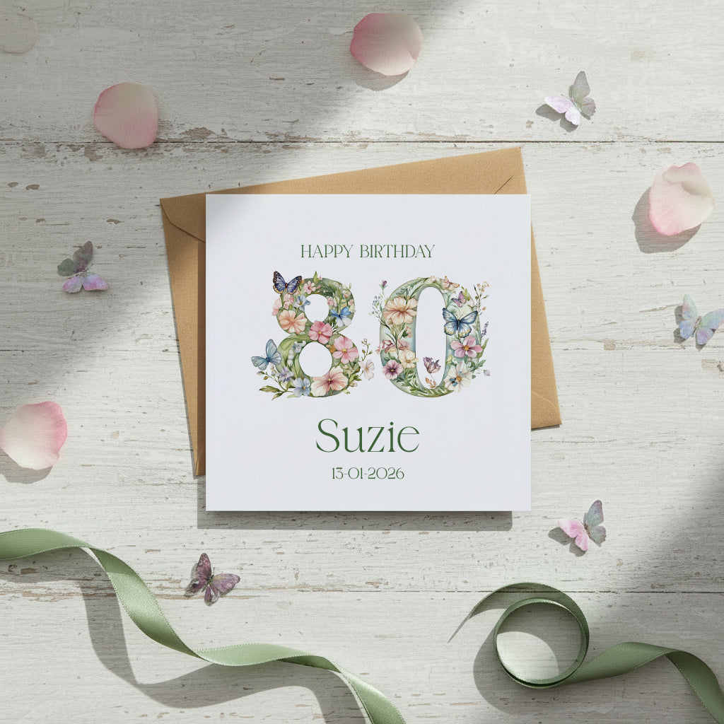 Personalised Luxury Linen 80th Birthday Card, Mum Auntie wife Grandma Friend Floral Numbers Personalised Cards ukgiftstoreonline
