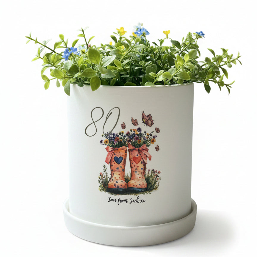 Personalised Plant Pot | 80th Birthday Floral Pink Boots Pot With Tray Included ukgiftstoreonline
