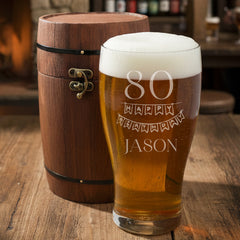 Personalised Landmark Birthday Beer Glass Gift In Vintage Barrell Bunting Style 18th, 21st, 30th, 40th, 50th, 60th, 70th, 80th, 90th