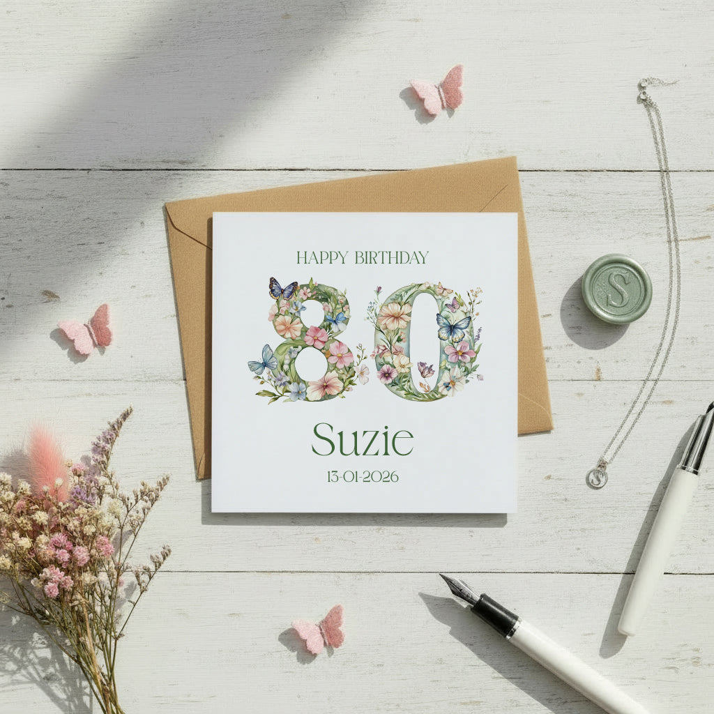 Personalised Luxury Linen 80th Birthday Card, Mum Auntie wife Grandma Friend Floral Numbers Personalised Cards ukgiftstoreonline