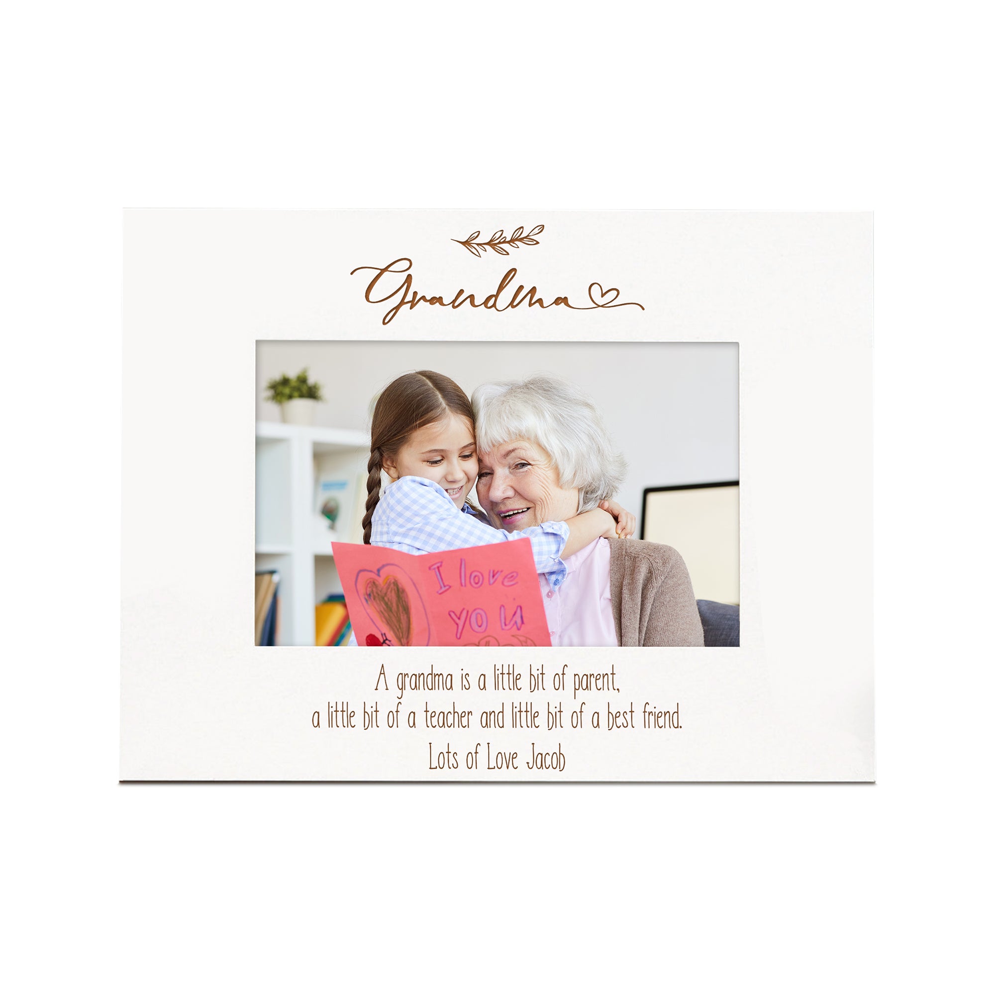 Grandma Personalised Landscape White Wood Photo Frame Leaf Design Family Photo frame ukgiftstoreonline