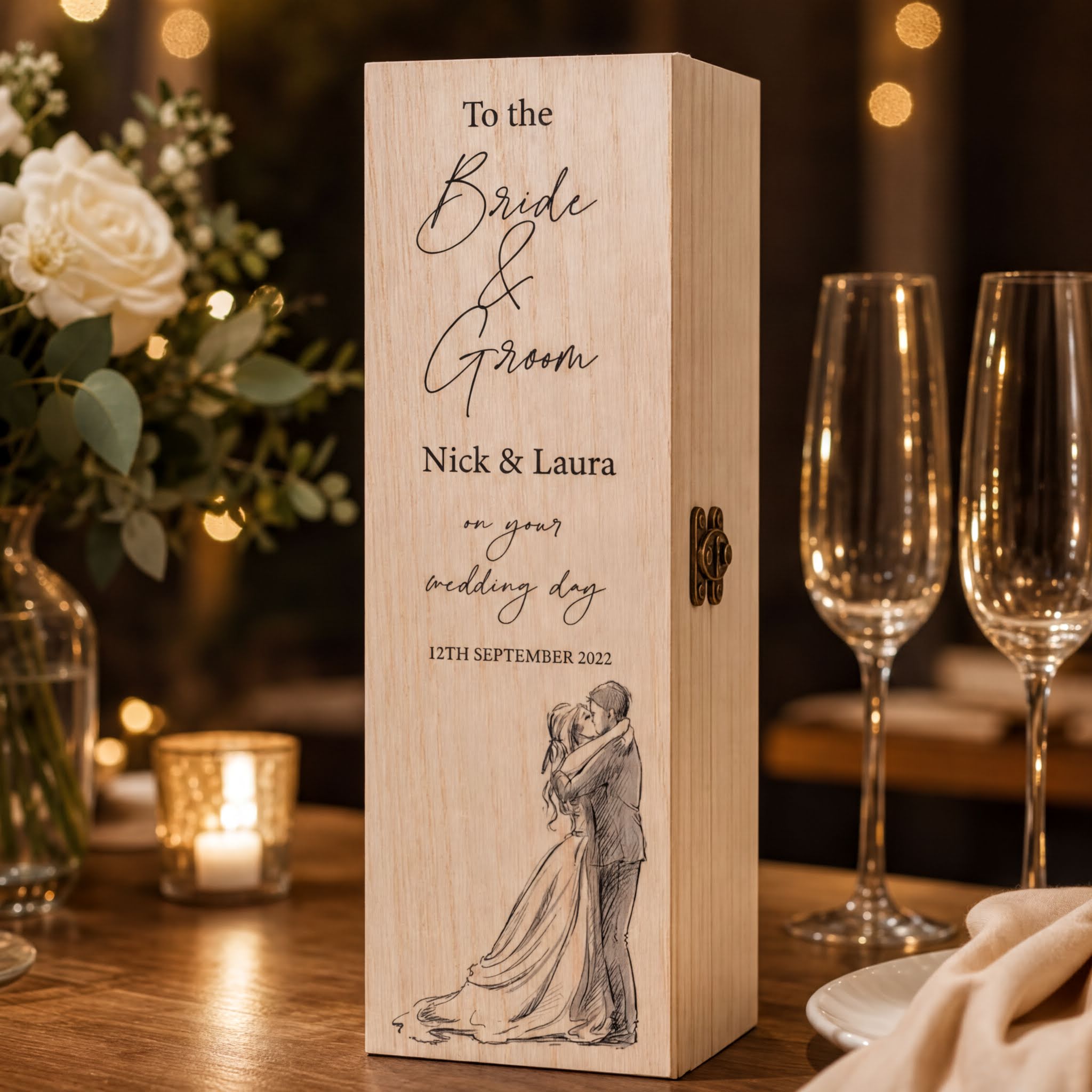 Personalised Wooden Wine or Champagne Box Wedding Keepsake Gift Couple Champagne Bottle Holder ukgiftstoreonline