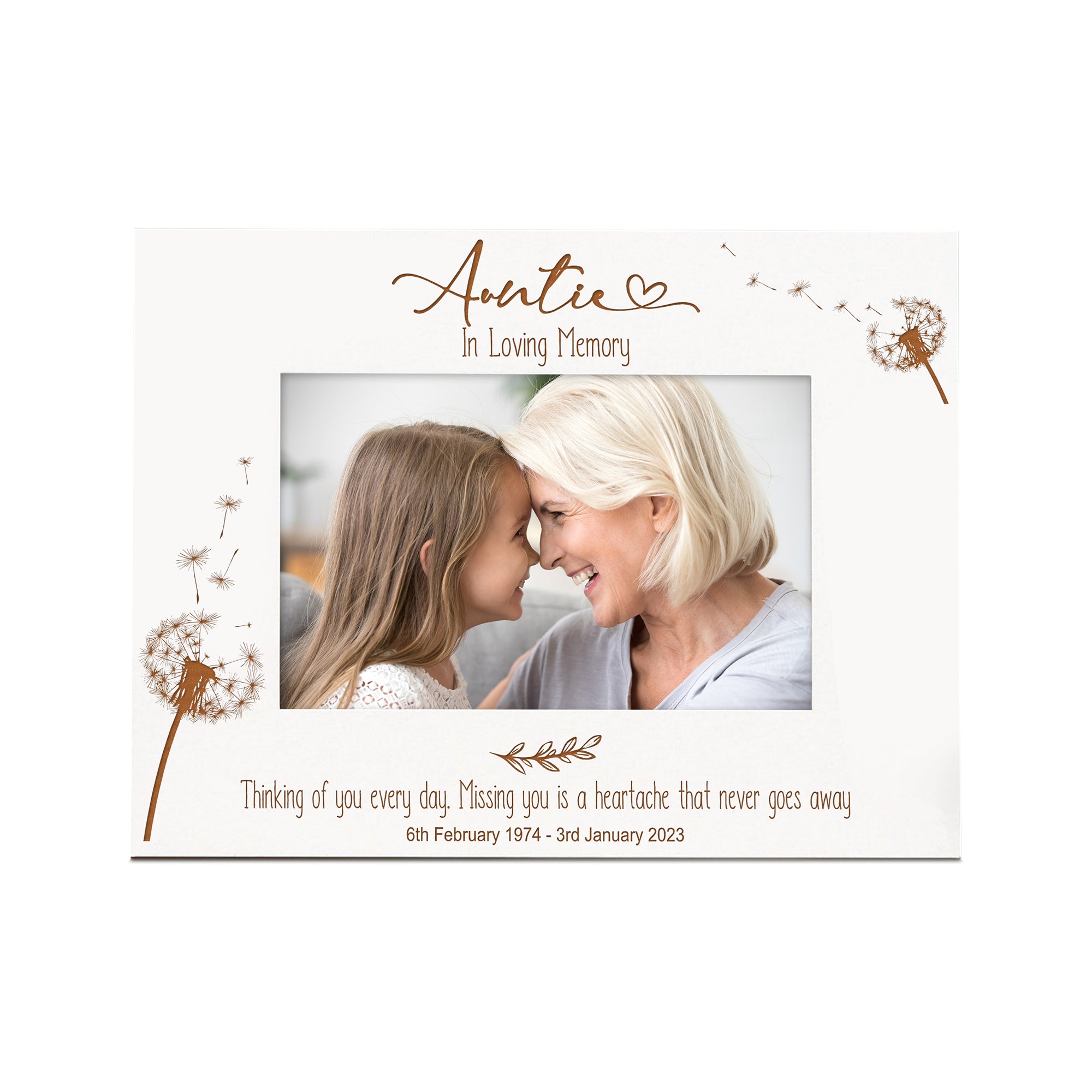 Auntie Remembrance White Photo Frame Personalised Landscape With Dandelions Family Photo frame ukgiftstoreonline