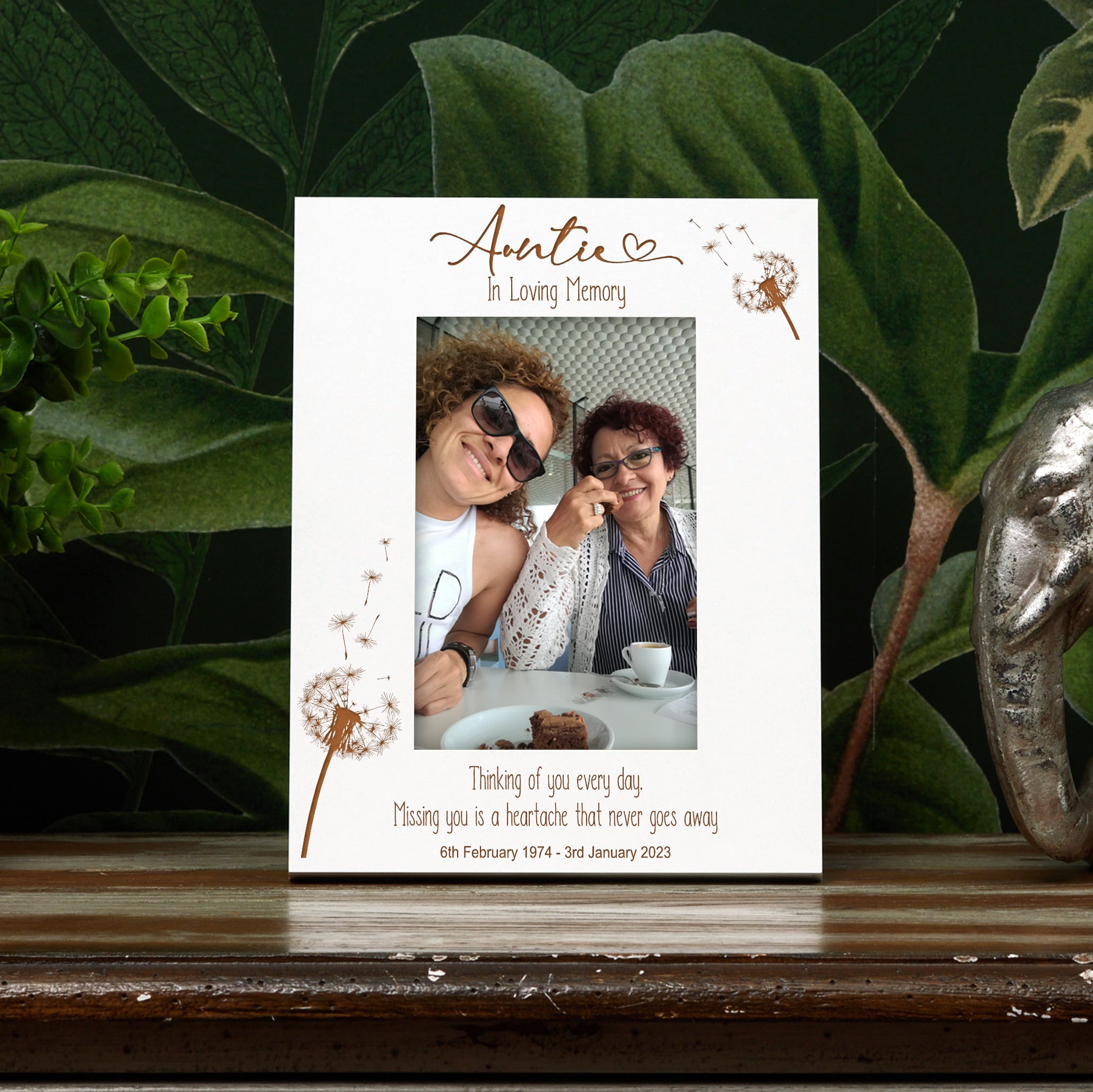 Auntie Remembrance White Photo Frame Personalised Portrait With Dandelions Family Photo frame ukgiftstoreonline