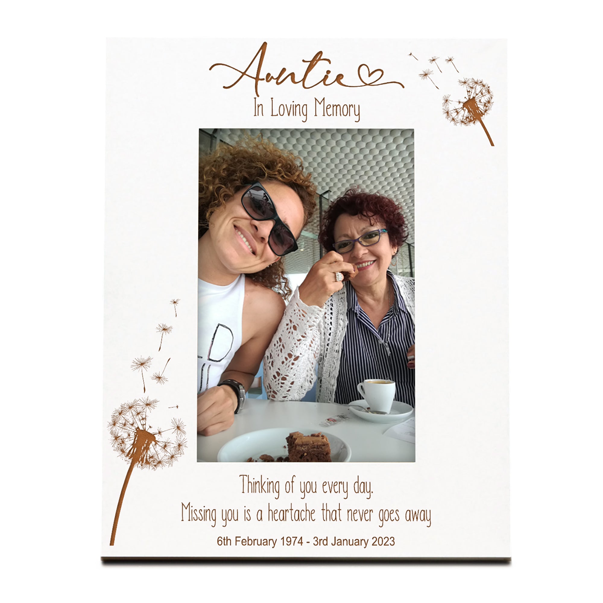 Auntie Remembrance White Photo Frame Personalised Portrait With Dandelions Family Photo frame ukgiftstoreonline