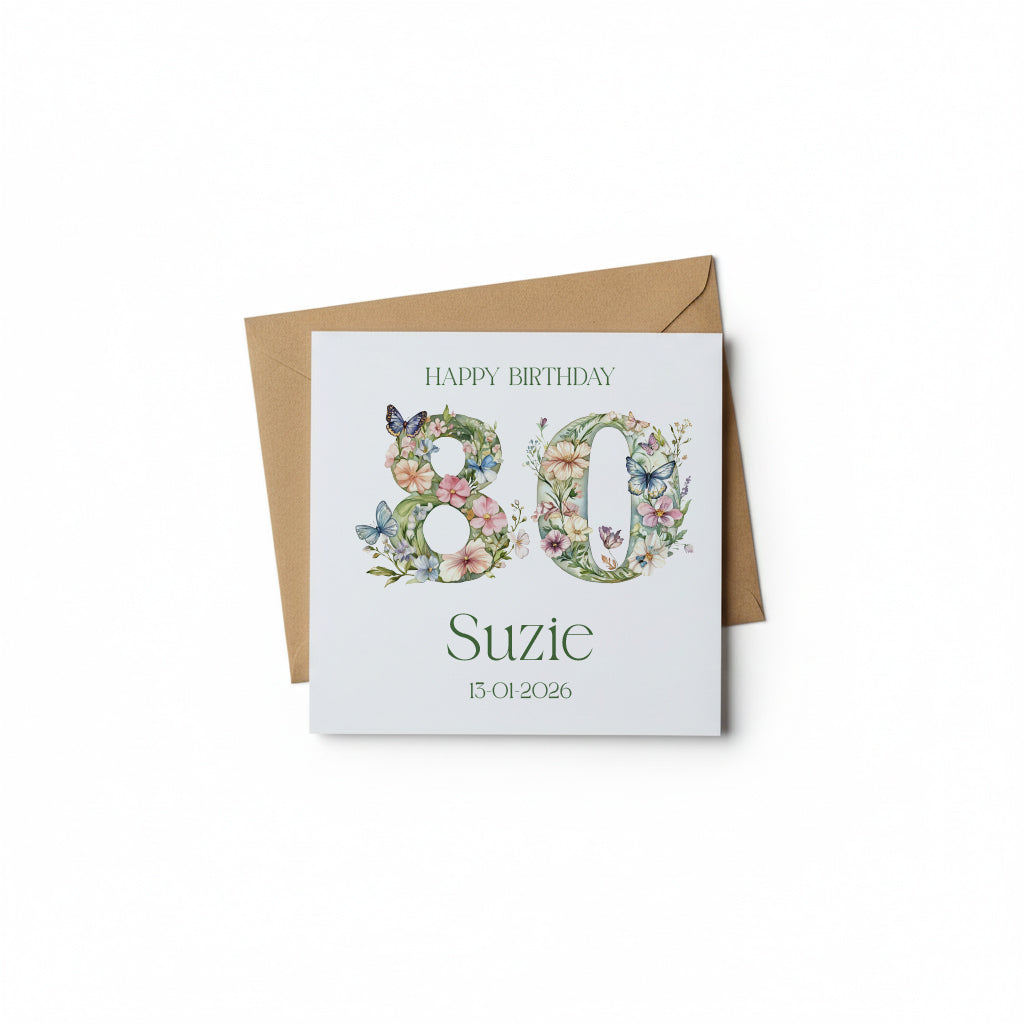 Personalised Luxury Linen 80th Birthday Card, Mum Auntie wife Grandma Friend Floral Numbers Personalised Cards ukgiftstoreonline