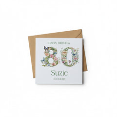 Personalised Luxury Linen 80th Birthday Card, Mum Auntie wife Grandma Friend Floral Numbers Personalised Cards ukgiftstoreonline