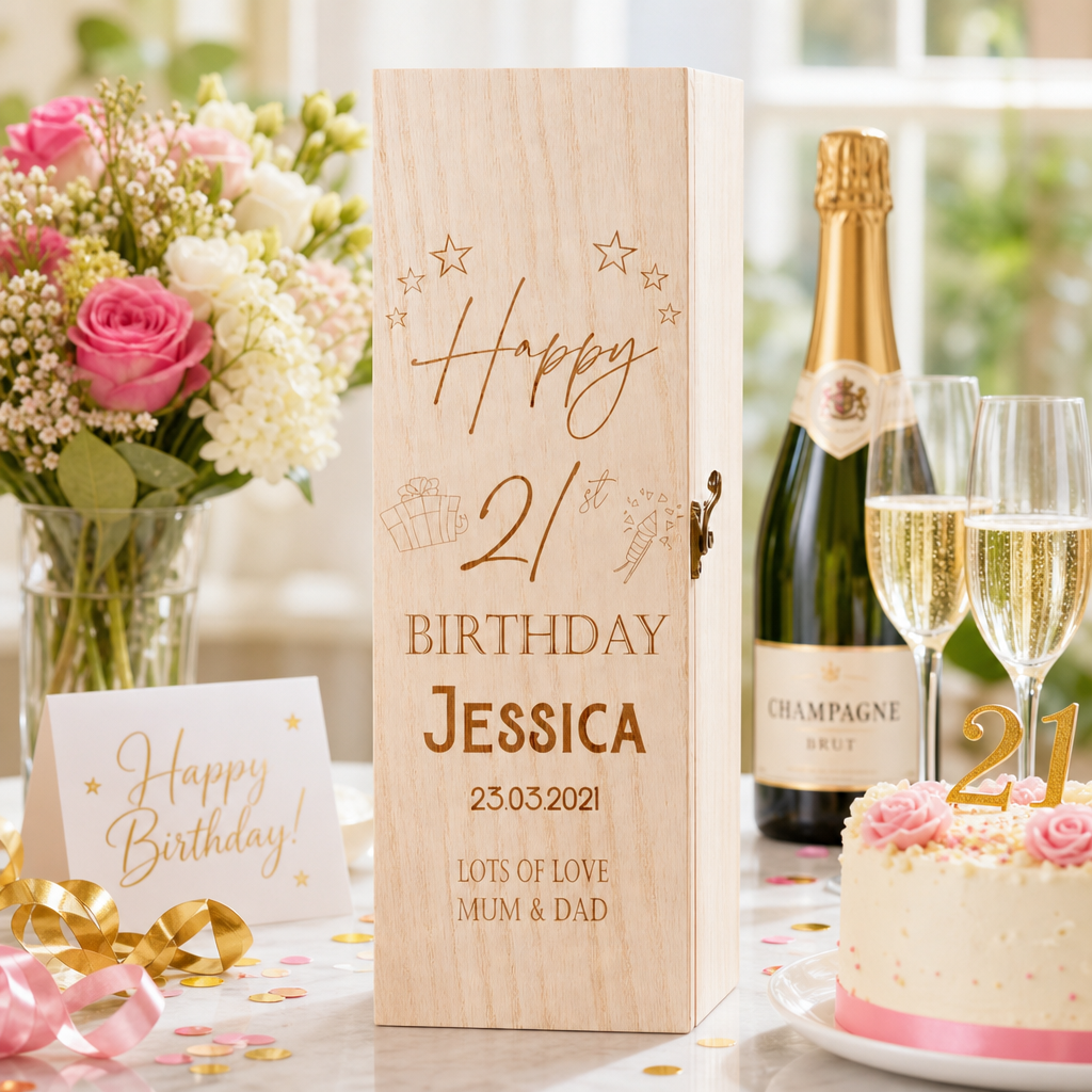 Personalised Birthday Any Age Wooden Wine or Champagne Gift Box Champagne Bottle Holders ukgiftstoreonline
