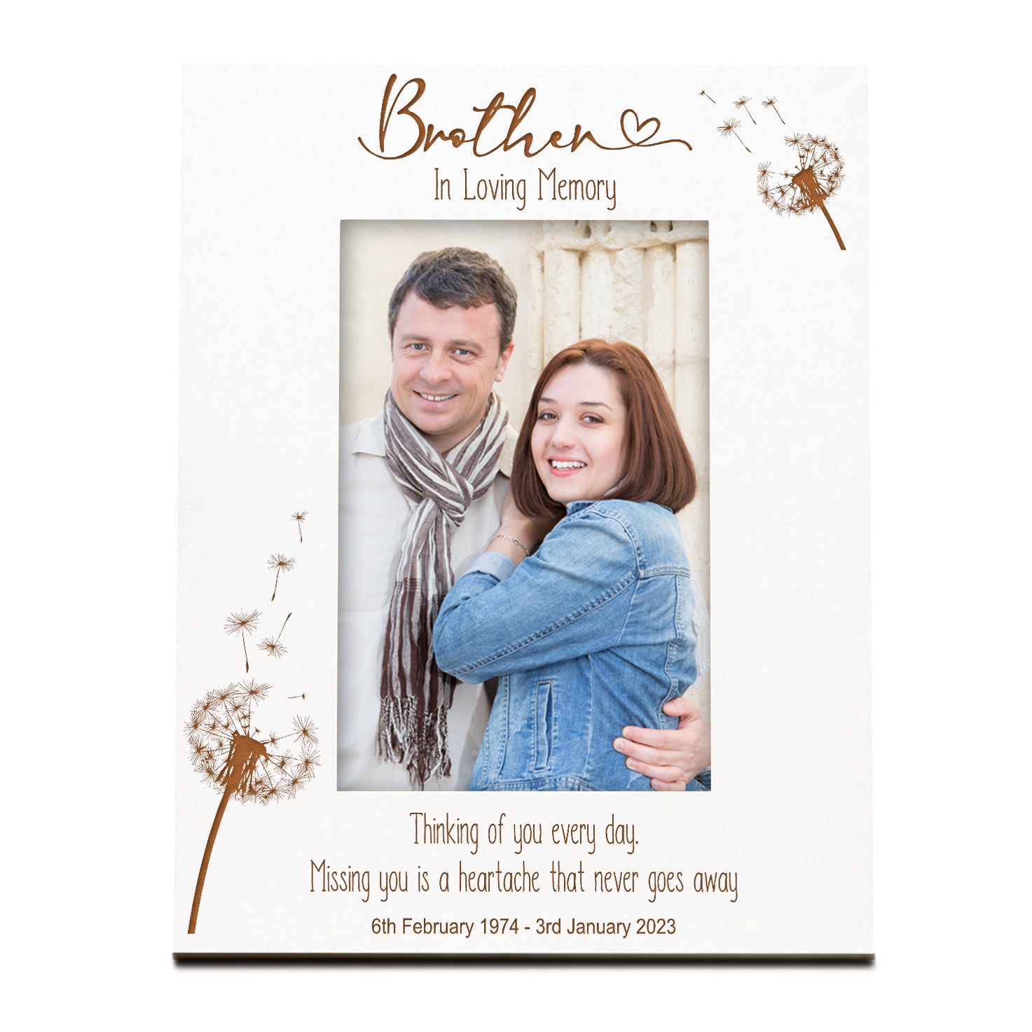 Brother Remembrance White Photo Frame Personalised Portrait With Dandelions Family Photo frame ukgiftstoreonline