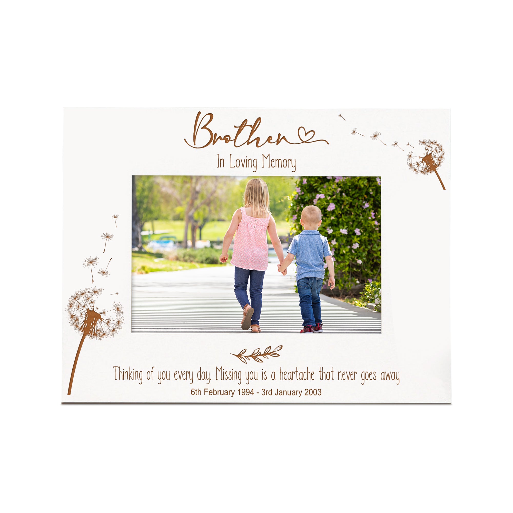 Brother Remembrance White Photo Frame Personalised Landscape With Dandelions Family Photo frame ukgiftstoreonline