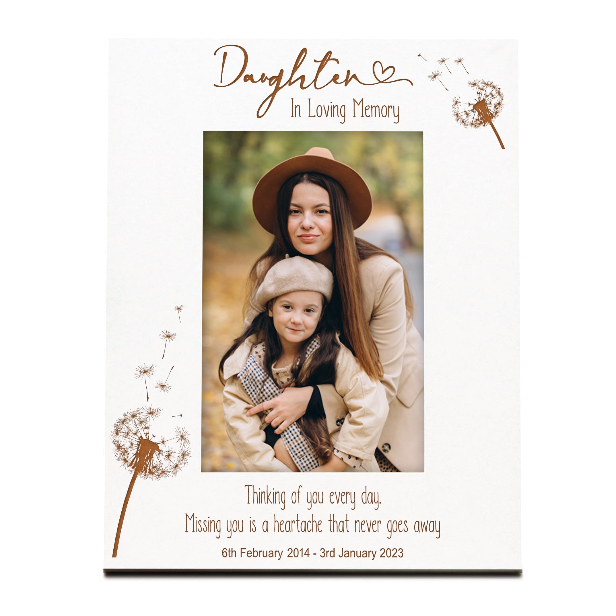 Daughter Remembrance White Photo Frame Personalised Portrait With Dandelions Family Photo frame ukgiftstoreonline