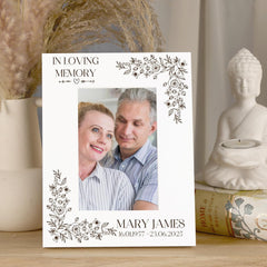 Personalised White Wooden Photo Frame with Engraved Floral Design, In Loving Memory Memorial Picture Display, Portrait or Landscape Orientation, Custom Name and Dates
