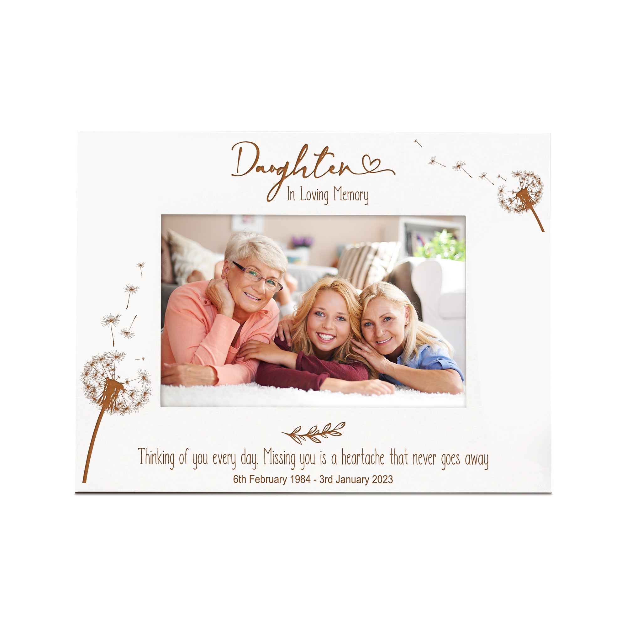 Daughter Remembrance White Photo Frame Personalised Landscape With Dandelions Family Photo frame ukgiftstoreonline