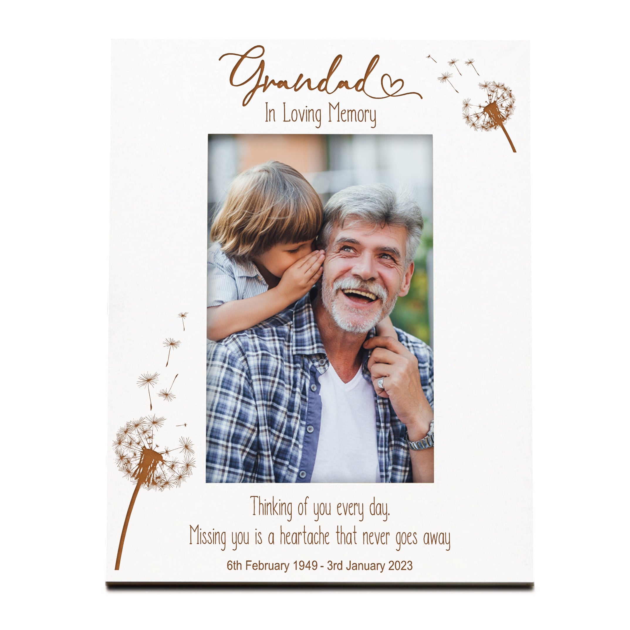 Grandad Remembrance White Photo Frame Personalised Portrait With Dandelions Family Photo frame ukgiftstoreonline