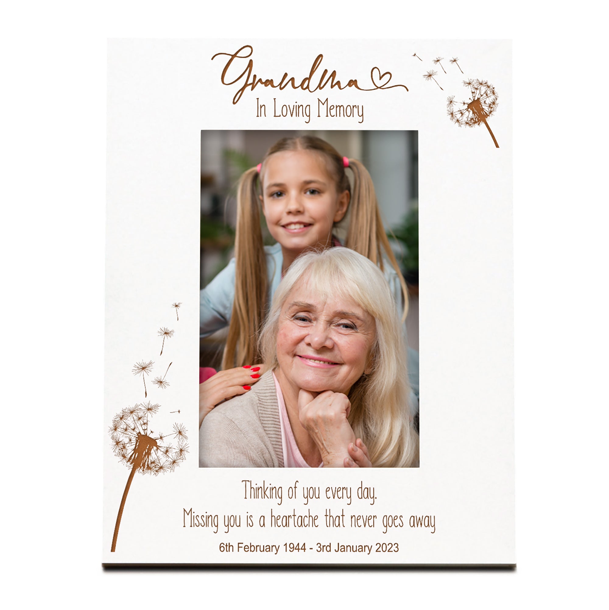 Grandma Remembrance White Photo Frame Personalised Portrait With Dandelions Family Photo frame ukgiftstoreonline