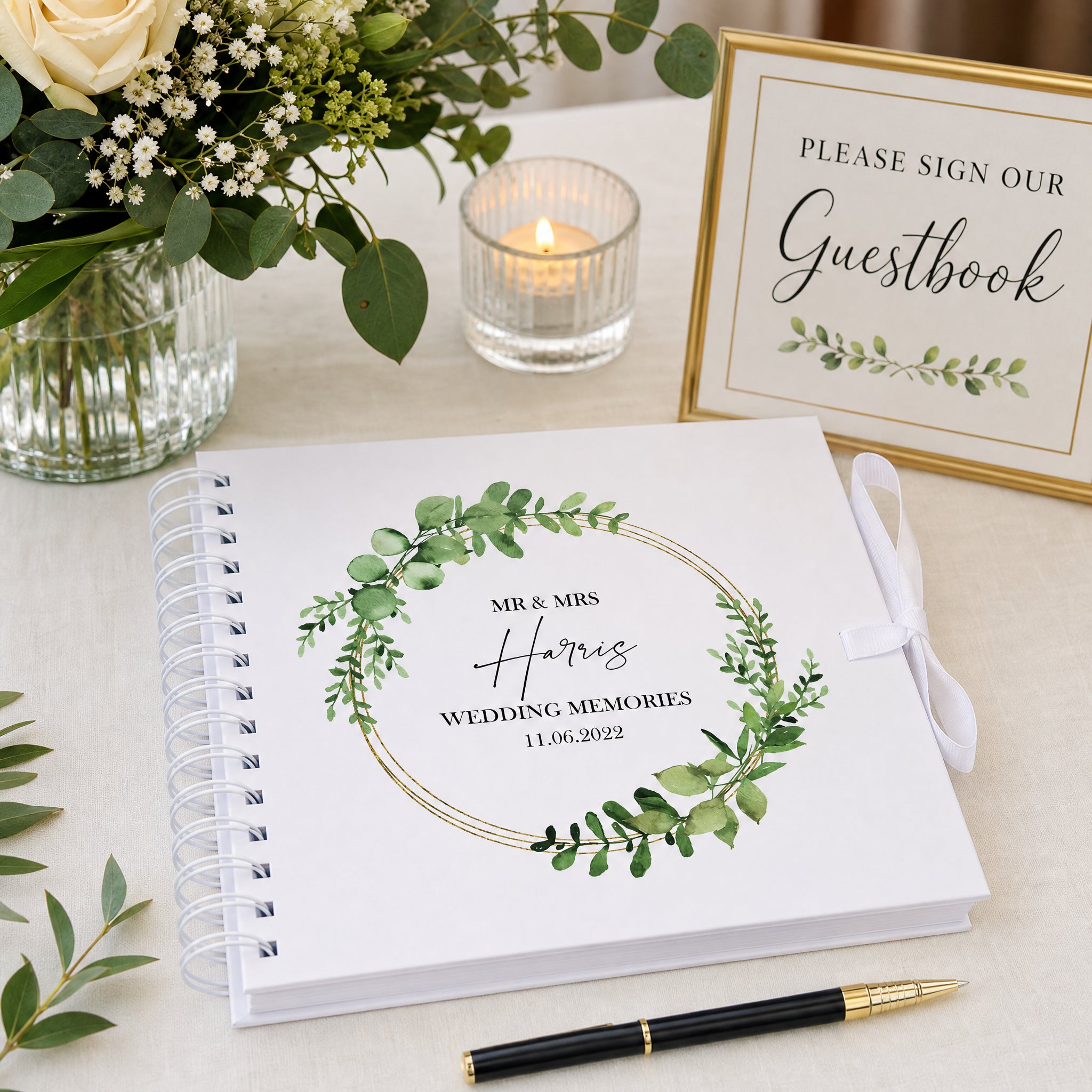 Personalised Wedding Scrapbook Photo Album Eucalyptus and Gold Wreath Scrapbook ukgiftstoreonline