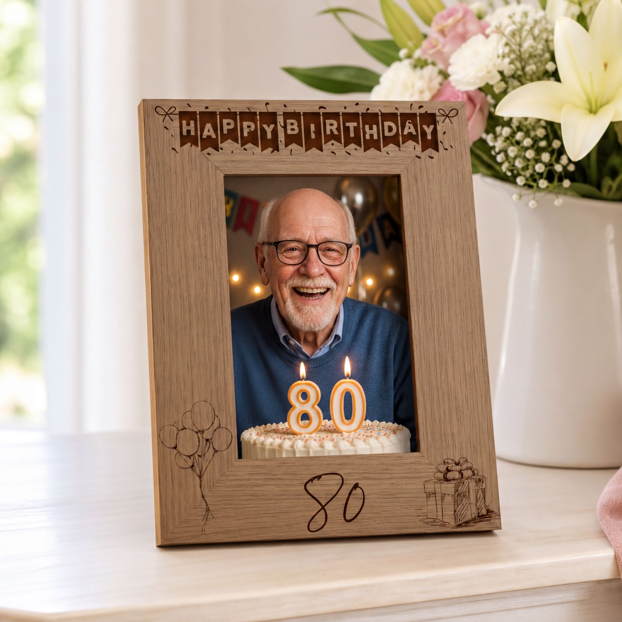 80th Birthday Photo Frame Portrait Wooden Engraved Bunting Style Gift Birthday Photo Frame ukgiftstoreonline